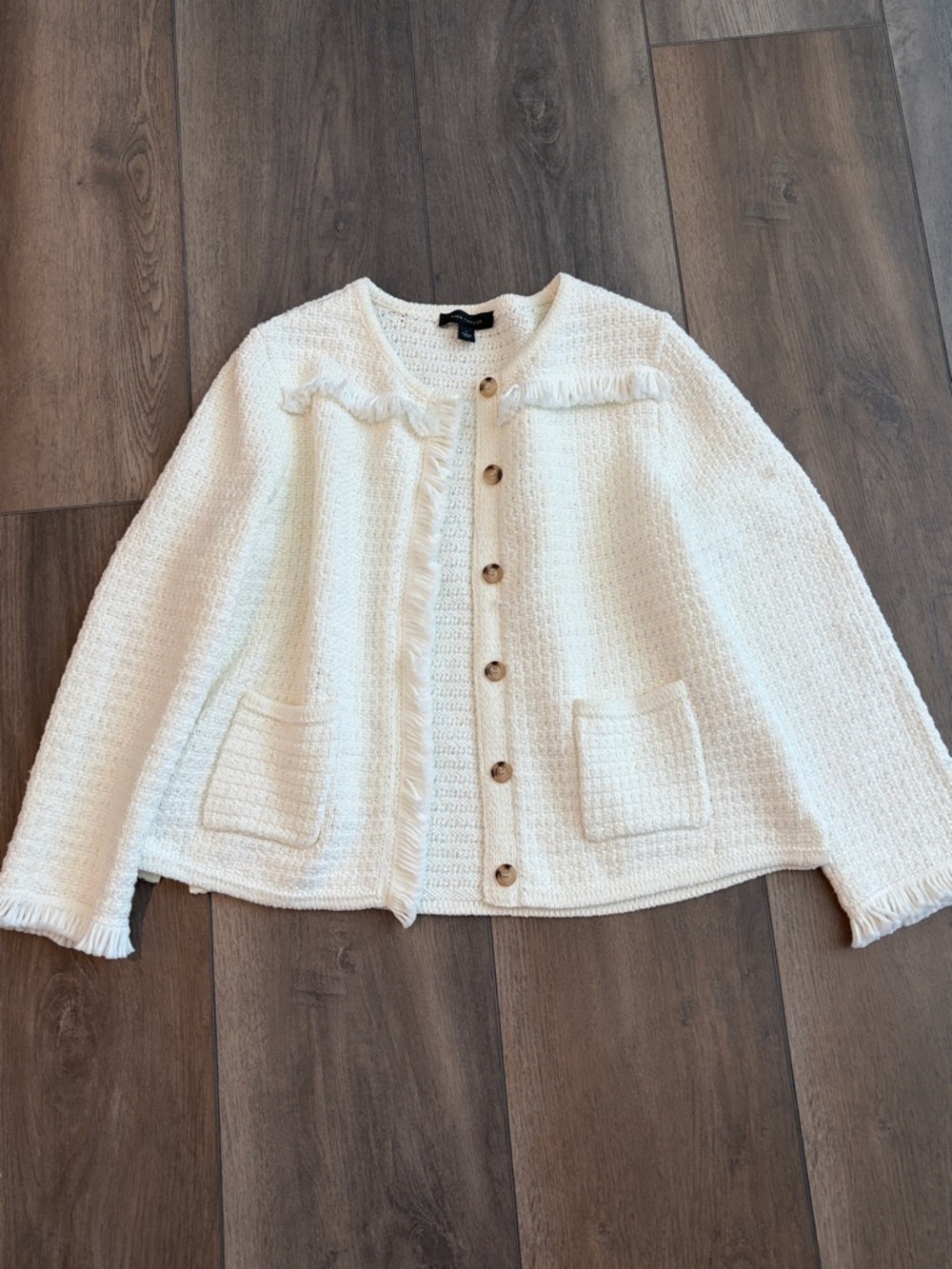Ann Taylor Ivory Bouclé Fringe Button Sweater Jacket